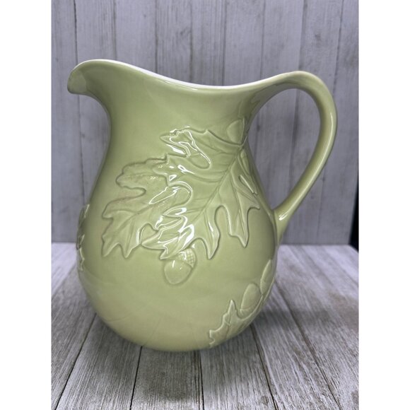 Vtg Hallmark Pitcher Sage Green Oak Leaf Design Ceramic Cottagecore 8.5" Tall - Picture 1 of 11